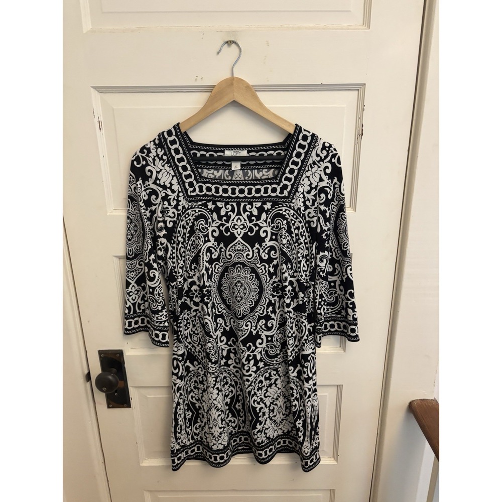 Loft Black Patterned Shift Dress 3/4 Sleeves Square Neck Stretch Size Small Pet